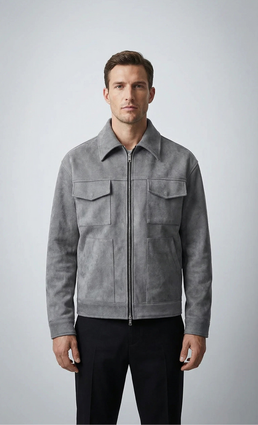 Grey oversized suede windbreaker jacket for men by Ilynora, front view with zip closure and relaxed modern fit