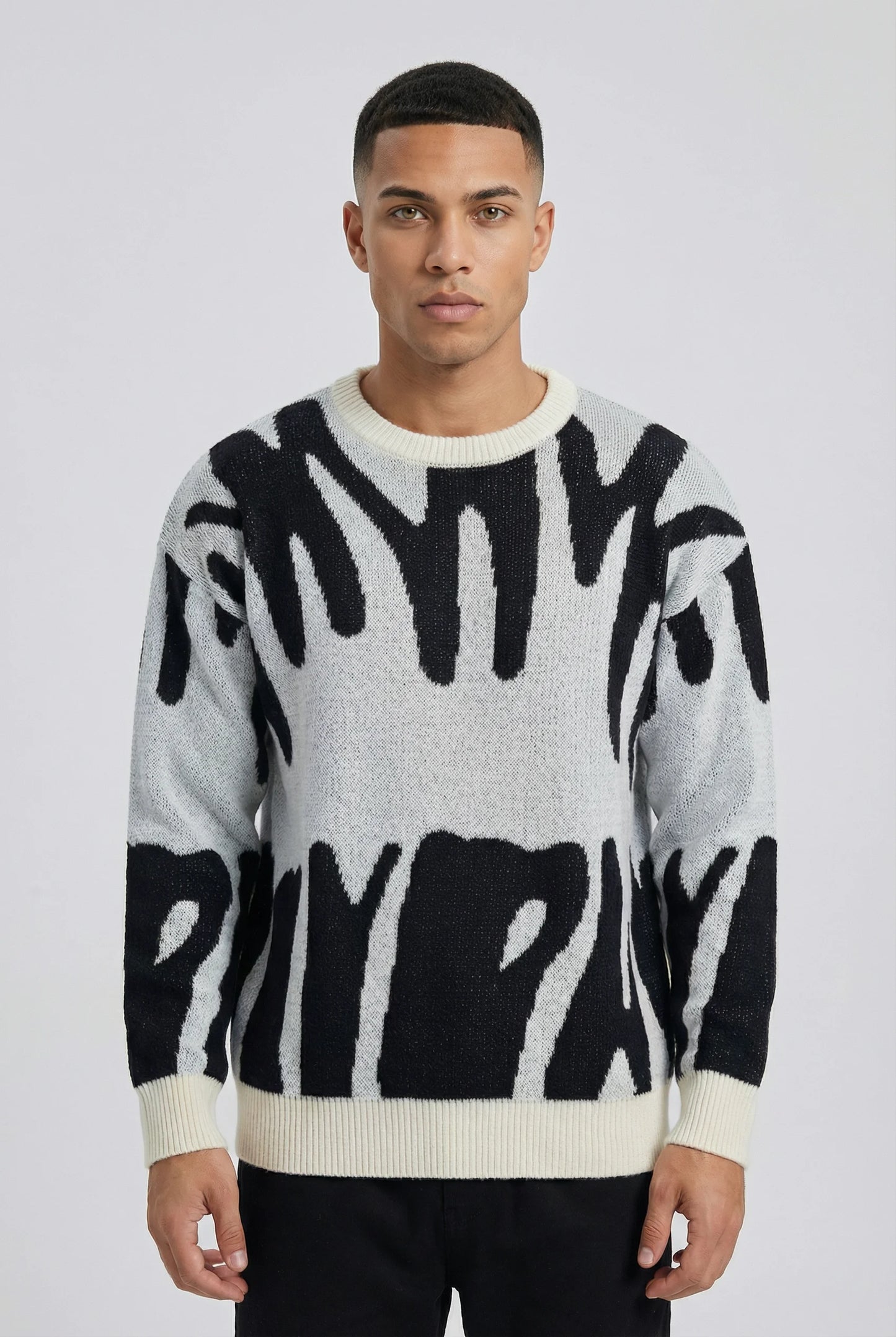 White abstract jacquard knit crew neck jumper for men by Ilynora London, modern relaxed fit sweater