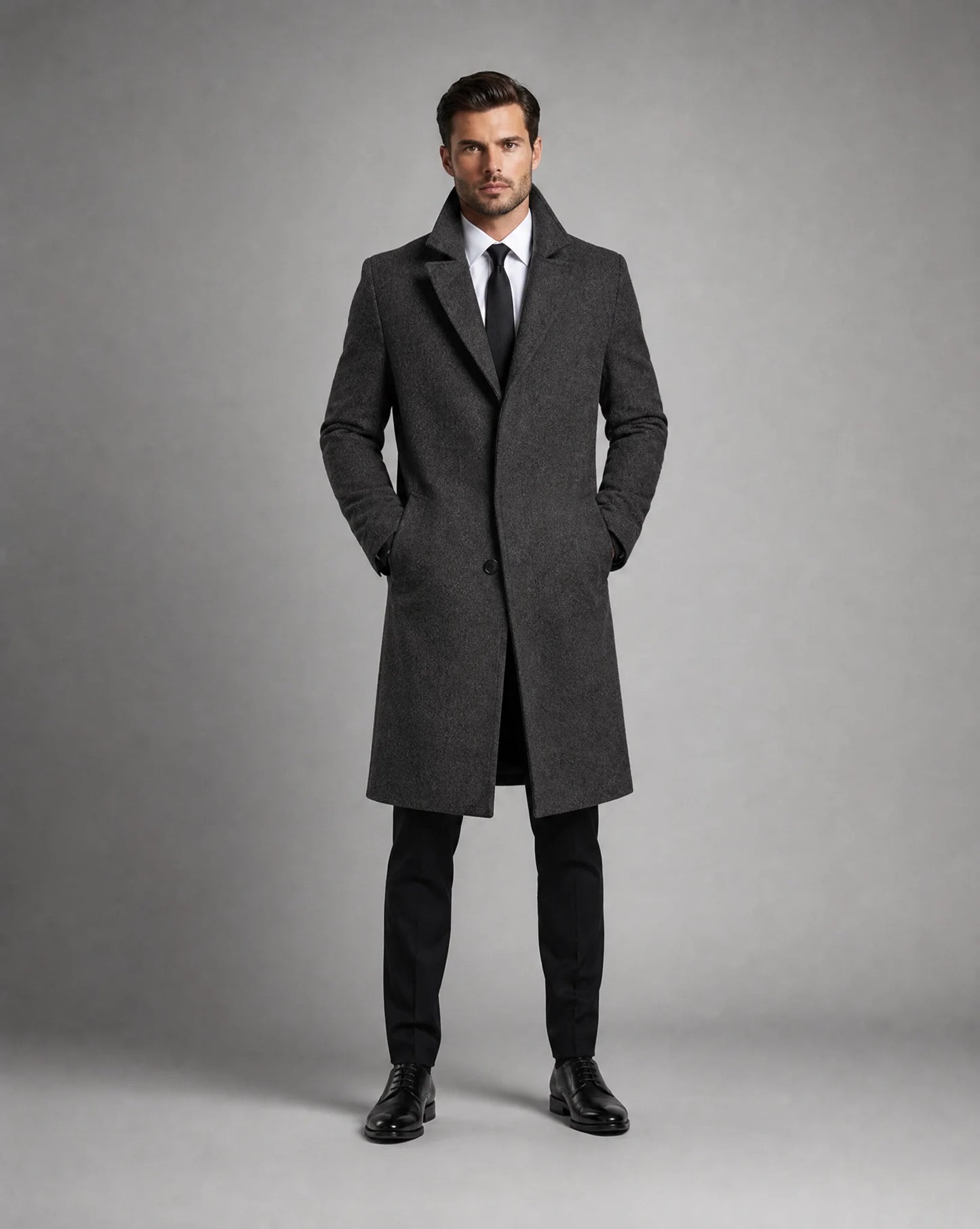 ILYNORA dark grey classic tailored long overcoat front view