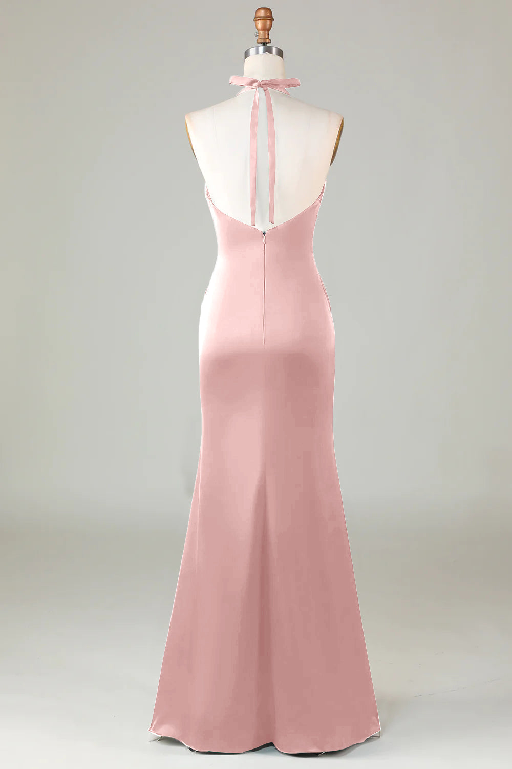 ILYNORA dusty rose halter neck satin formal dress back view