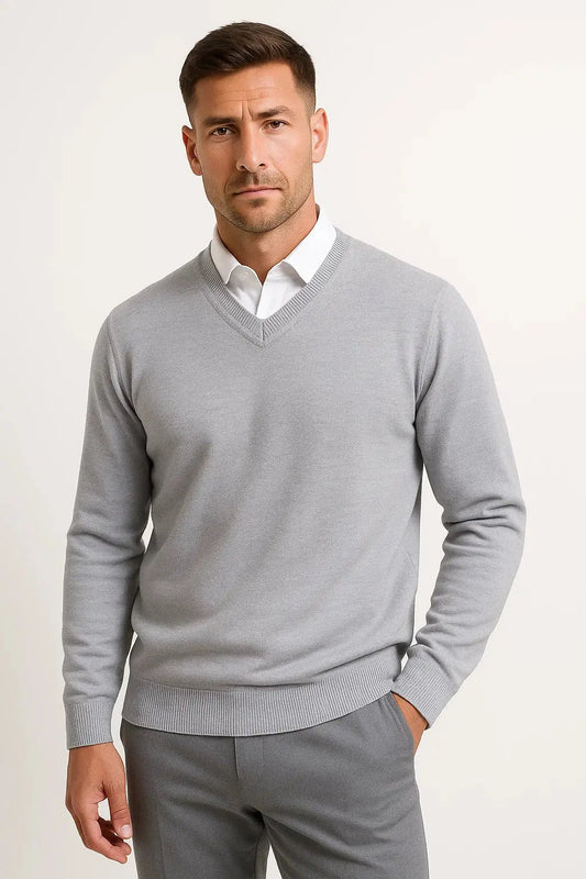 ILYNORA grey V-neck slim fit knit sweater front view
