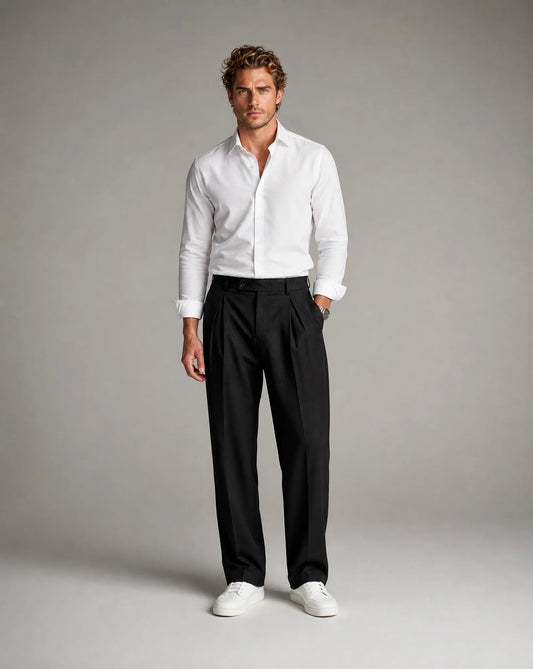 Full outfit featuring men's black wide leg pleated tailored trousers with relaxed fit and modern minimalist styling by ILYNORA