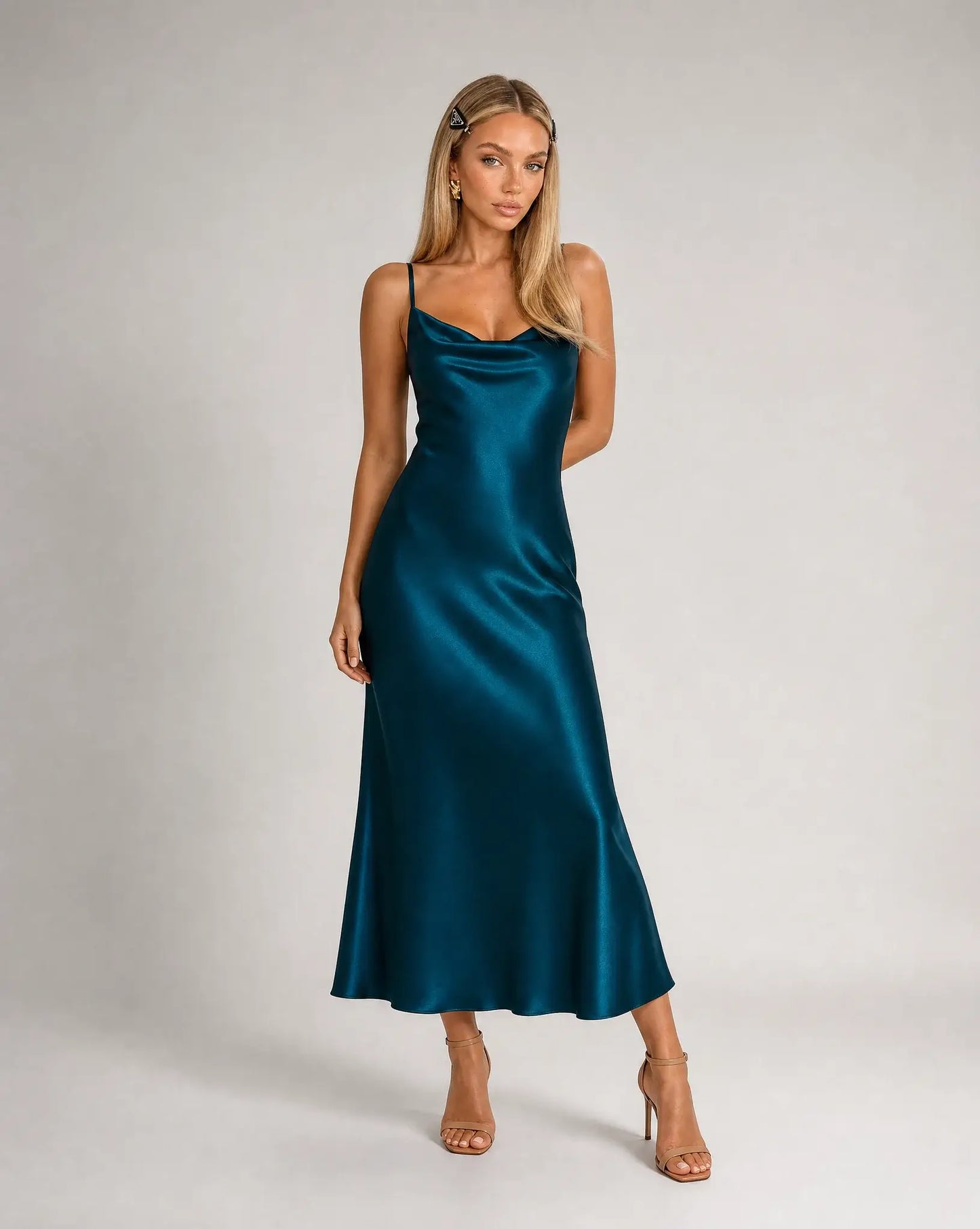 Navy cowl neck midi slip dress for women by Ilynora, front view with smooth drape and clean modern silhouette