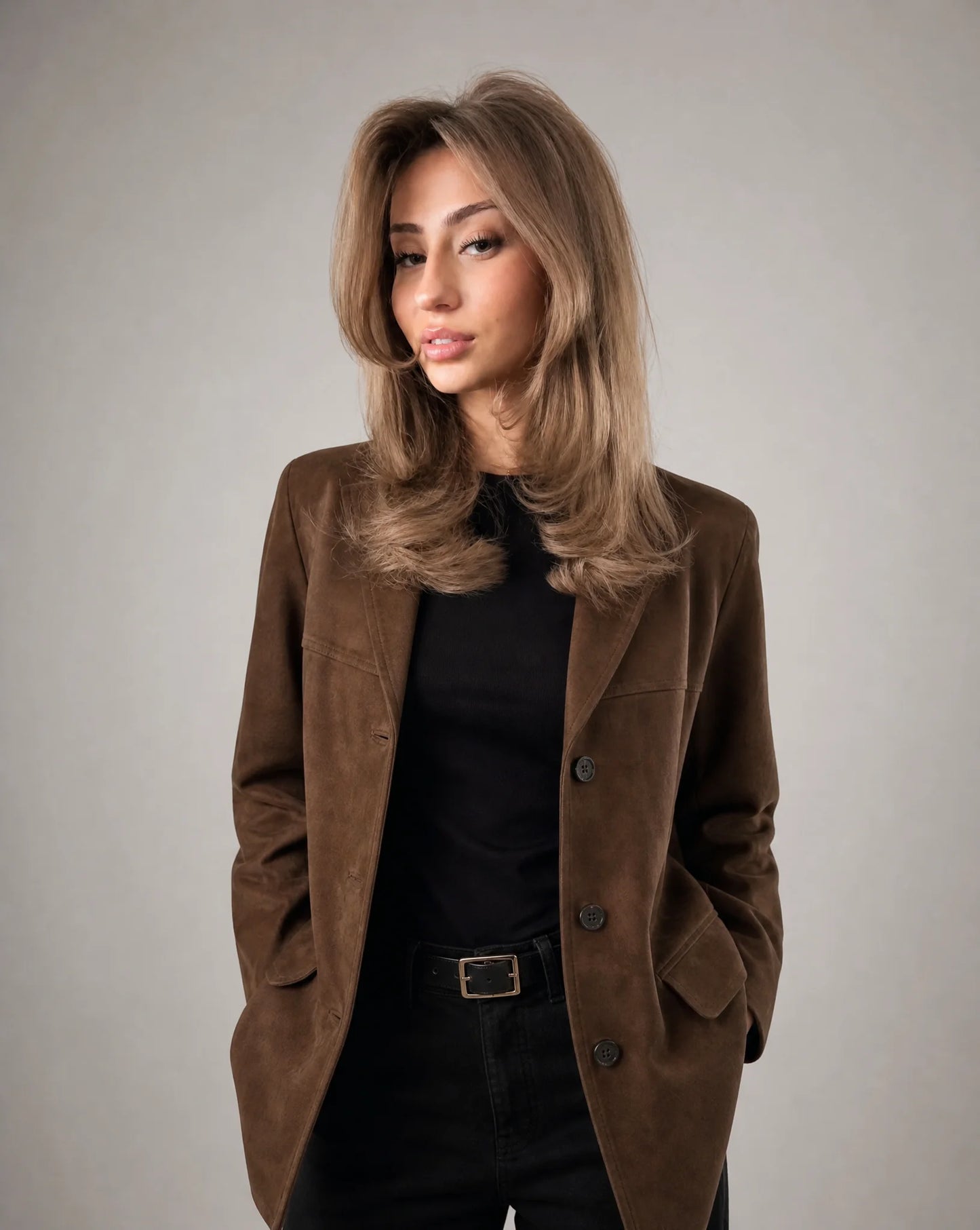 Brown faux suede blazer jacket for women by Ilynora, close up view highlighting the tailored silhouette