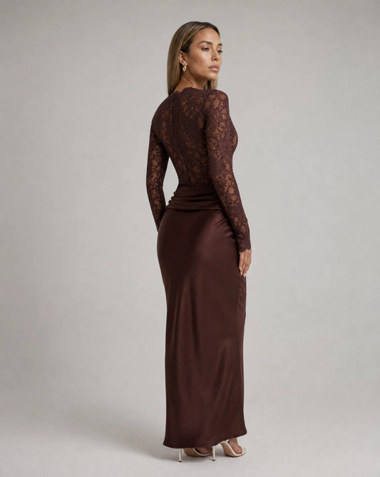 Brown lace long sleeve maxi dress for women by Ilynora, back view showcasing the refined silhouette and lace detail