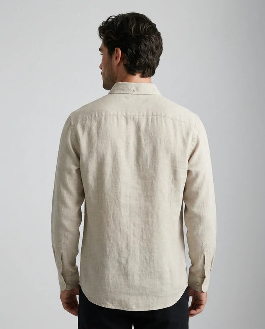 Beige linen resort shirt by Ilynora, back view highlighting lightweight texture and clean silhouette