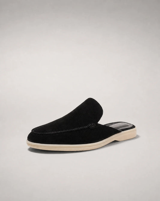 Men's black suede slip-on loafers with open back and lightweight comfort by ILYNORA