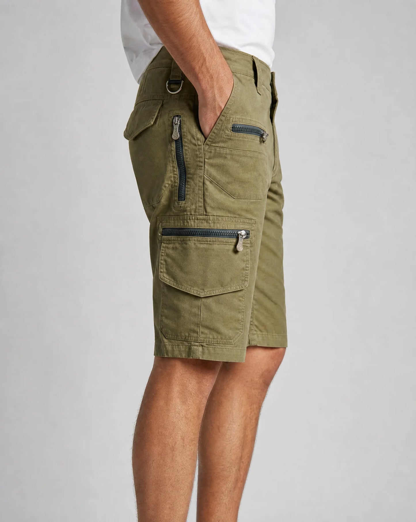 Men's olive green cargo shorts with utility pockets and comfortable casual fit by ILYNORA
