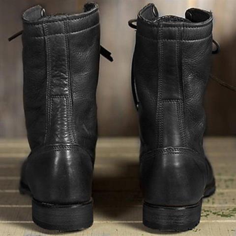Men's Dark Brown Leather Lace-Up Combat Boots with Fold-Down Cuff
