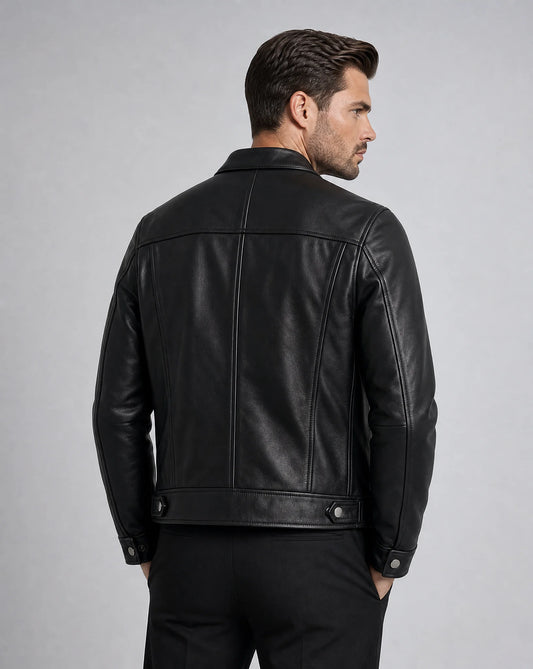 Men's black leather biker jacket with stand collar and sleek contemporary silhouette by ILYNORA