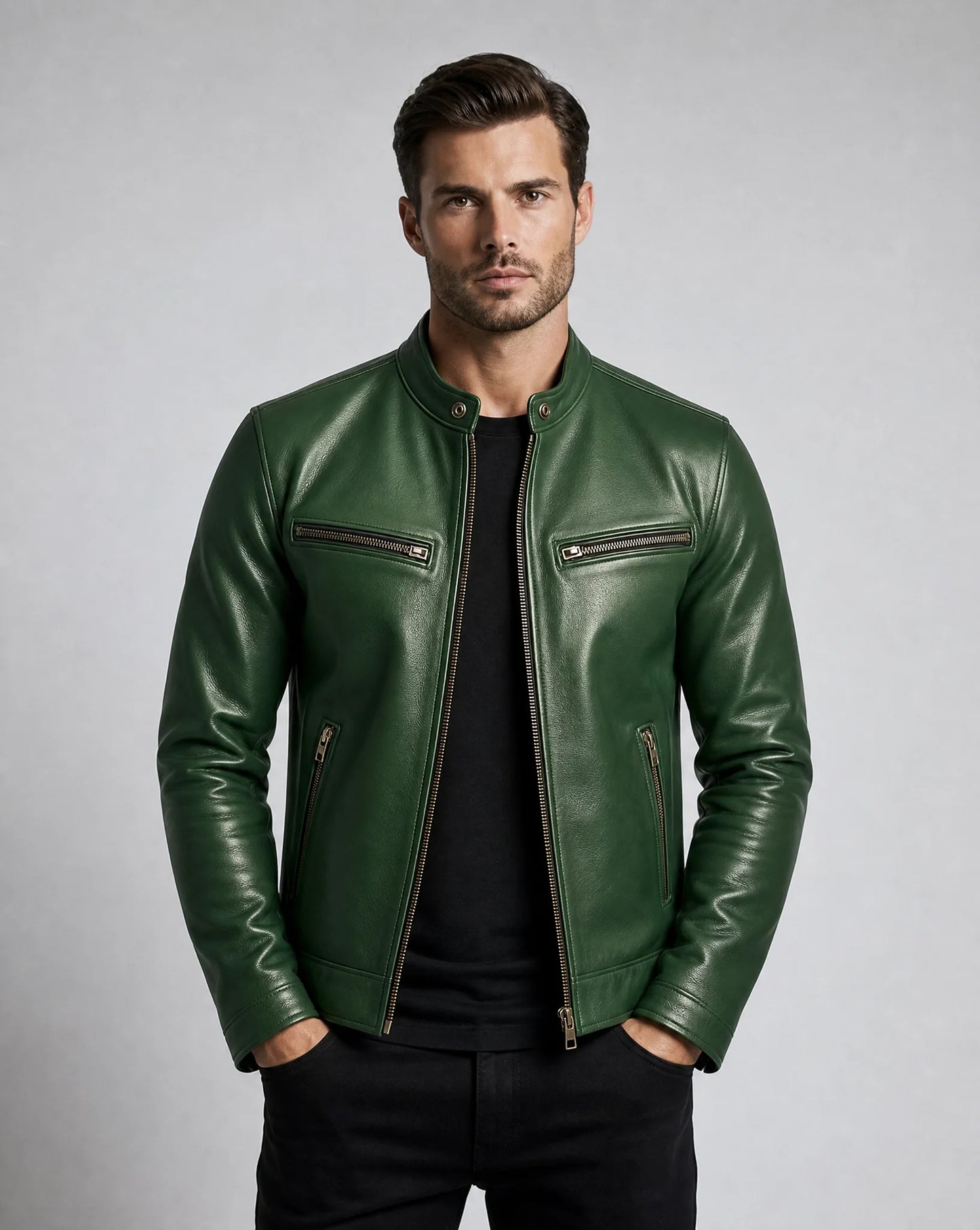 Men's green leather biker jacket with modern tailored fit and refined casual styling by ILYNORA