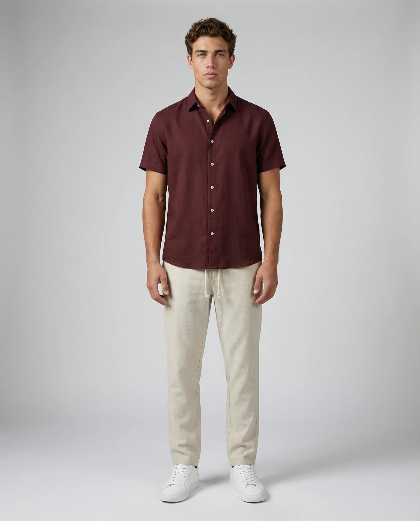 Brown linen shirt and trousers set for men by Ilynora, front view with modern fit and effortless summer look