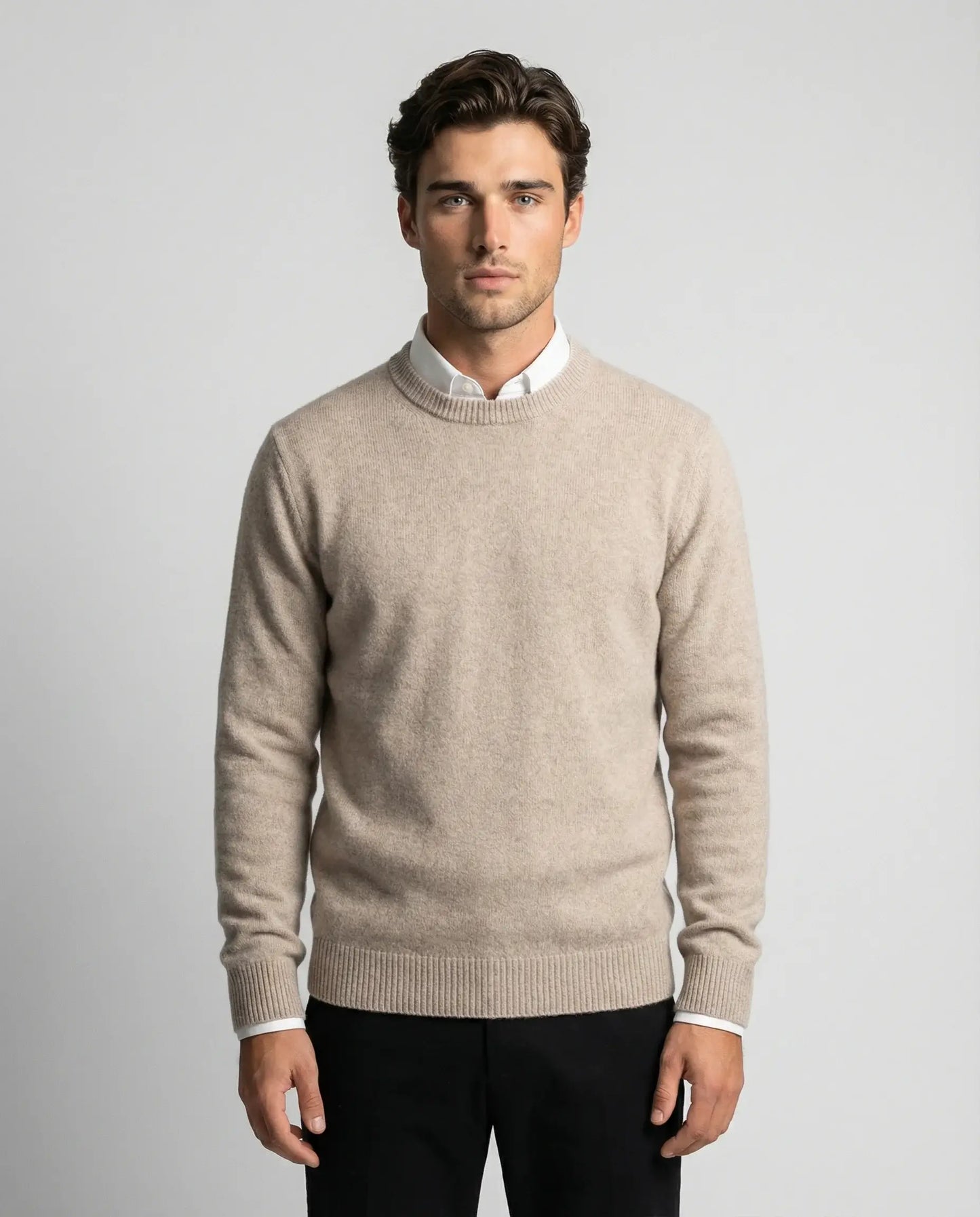 Camel cashmere crewneck sweater for men by Ilynora, front view with warm tone and minimalist design