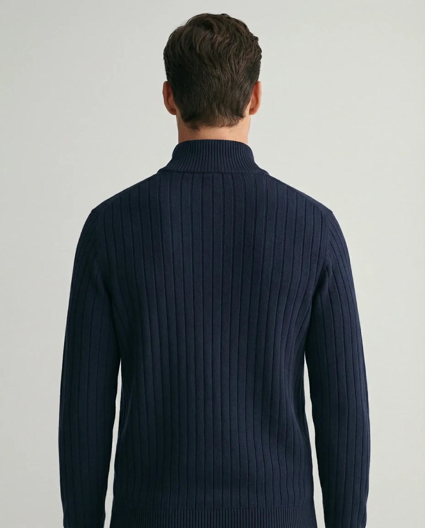 Navy ribbed half zip jumper by Ilynora, back view with clean silhouette and refined design