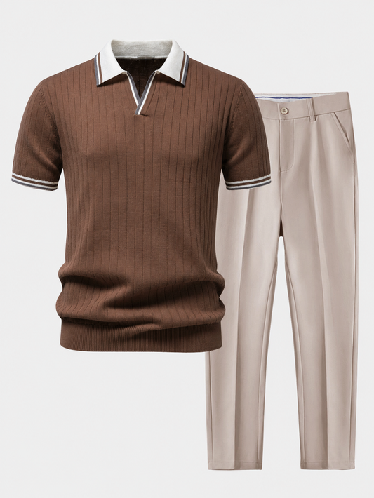 Men's Ribbed Knit Polo and Tapered Trousers Co-Ord Set