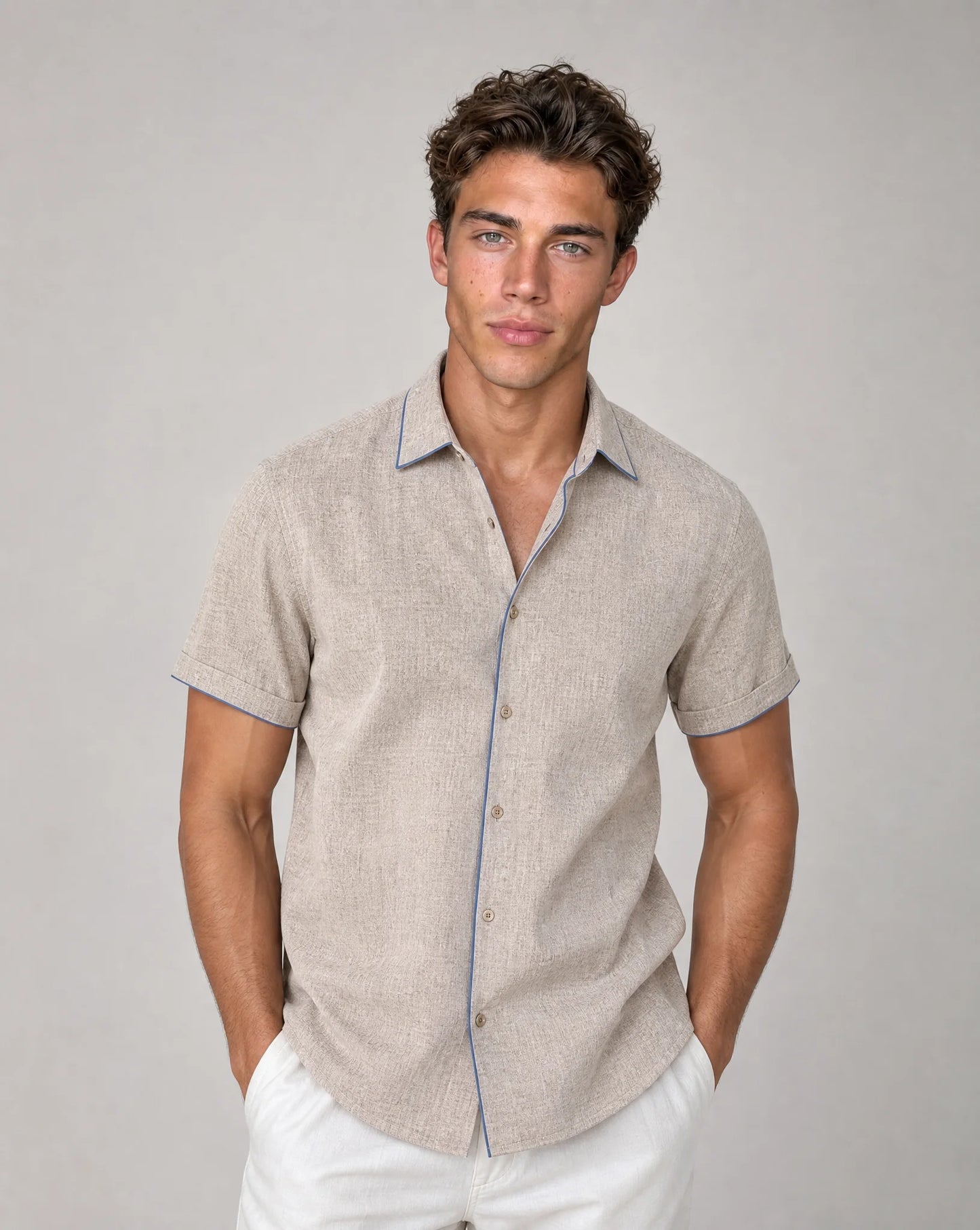 Men's khaki short sleeve shirt with effortless smart casual styling and comfort by ILYNORA