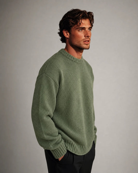 Men's army green solid crew neck pullover side view by ILYNORA