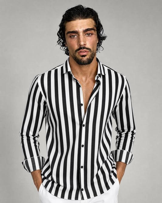 Men's black striped button-up shirt by ILYNORA