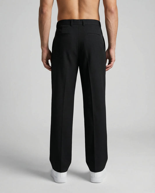 Black wide leg trousers by Ilynora, back view with structured design and modern tailoring