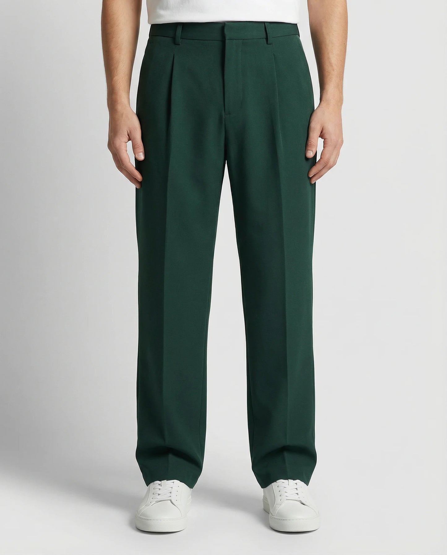 Green tailored wide leg trousers for men by Ilynora, front view with clean structure and modern look