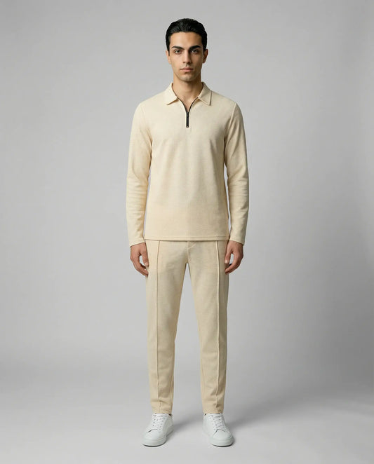Beige men’s zip lounge set by Ilynora, front view with relaxed fit and soft fabric