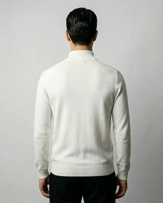 White zip neck sweater by Ilynora, back view highlighting soft knit texture and minimal silhouette