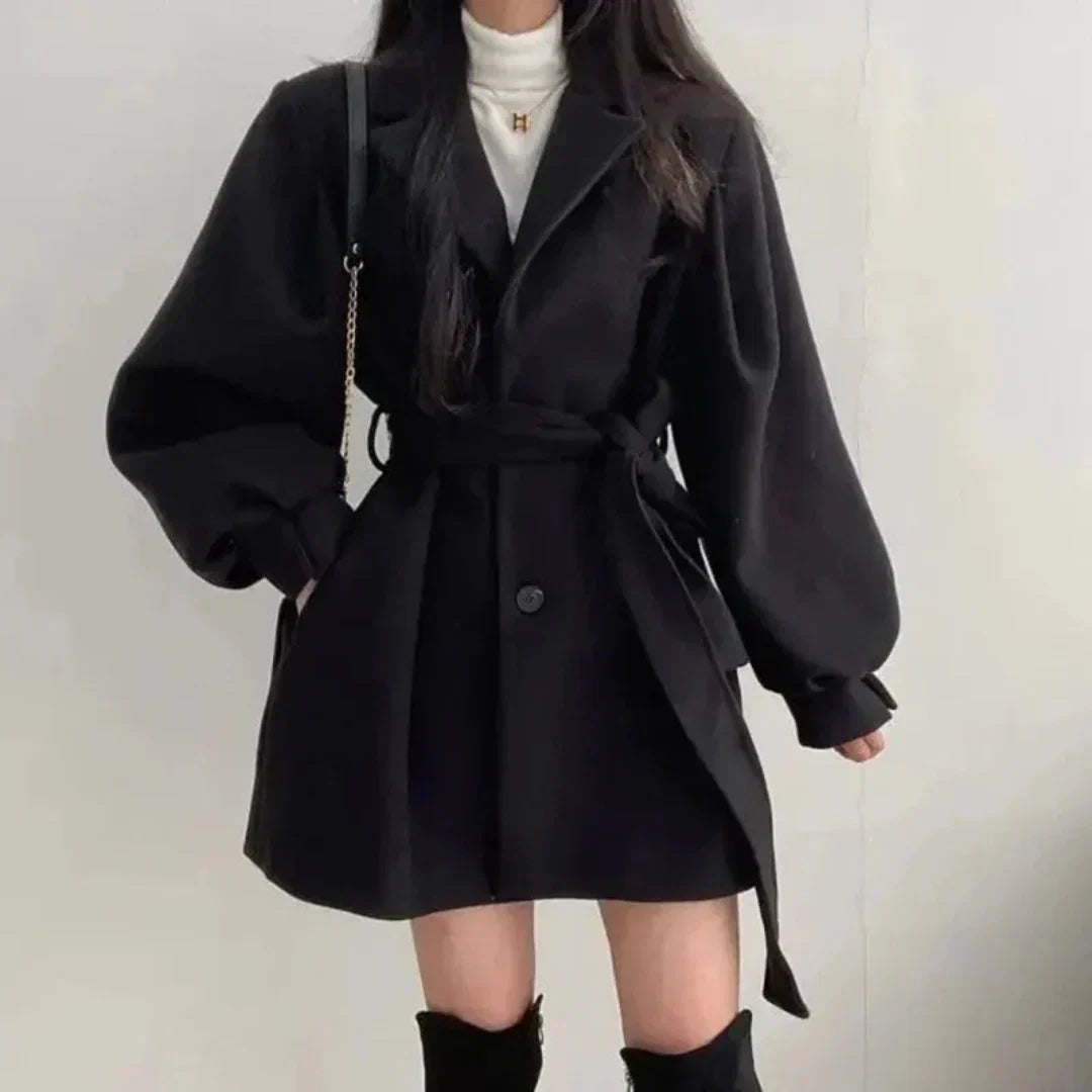 Women's Belted Trench Coat with Puff Sleeves