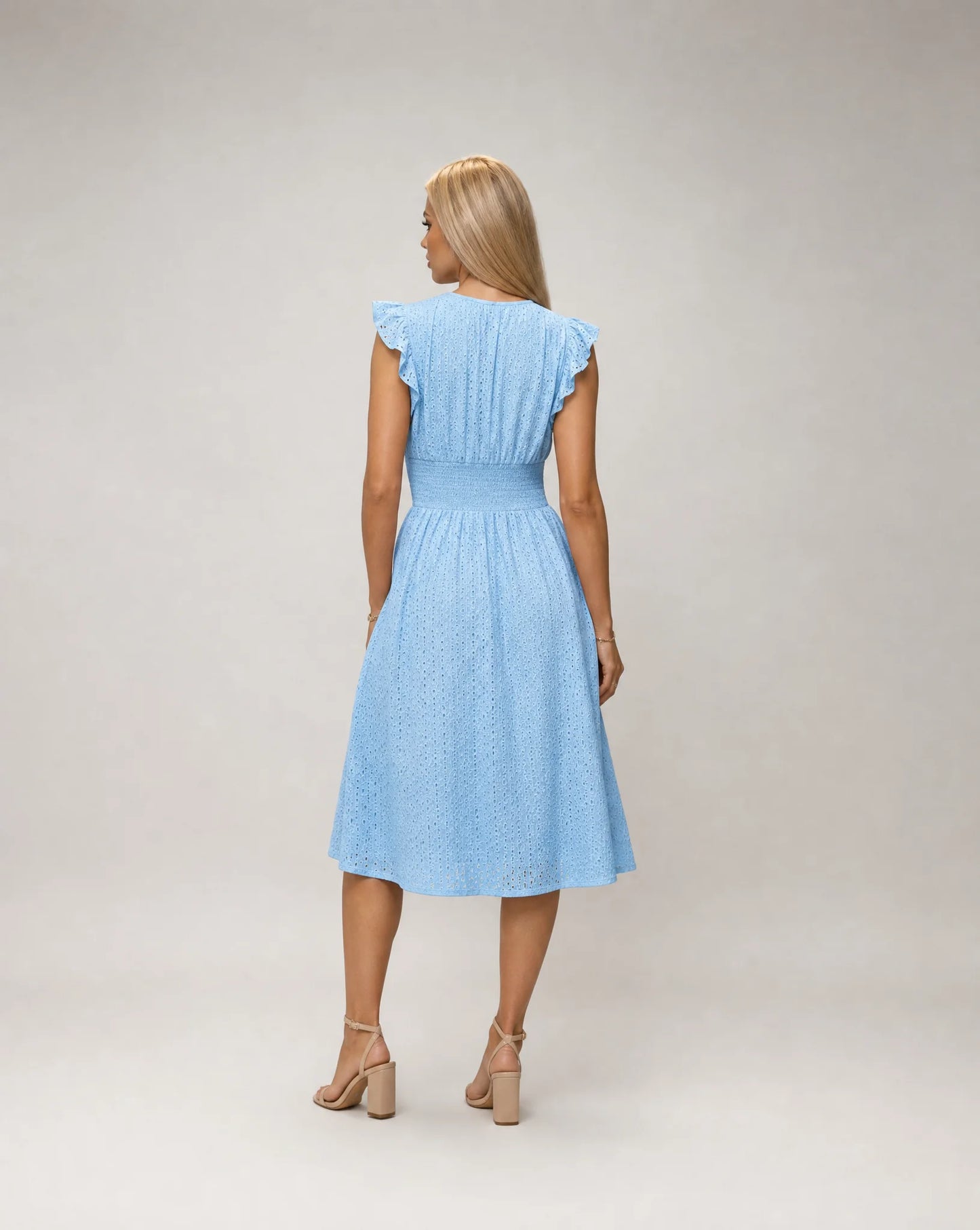 Women's blue embroidered midi dress with flutter sleeves and refined occasion styling by ILYNORA