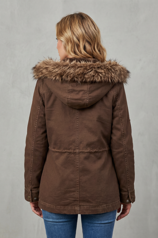 Women's Brown Hooded Parka with Faux Fur Trim and Flap Pockets