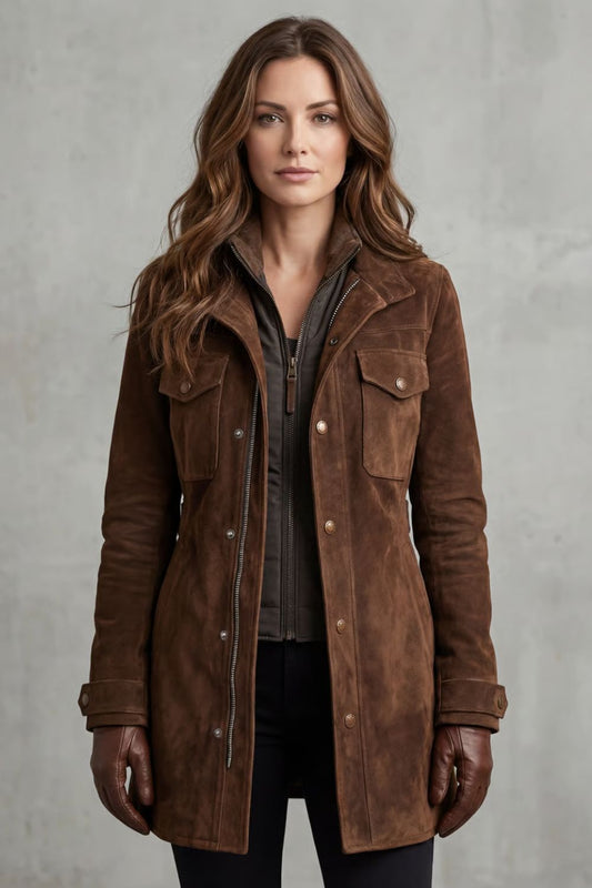 Women's Brown Suede Jacket with Flap Chest Pockets and Longline Cut