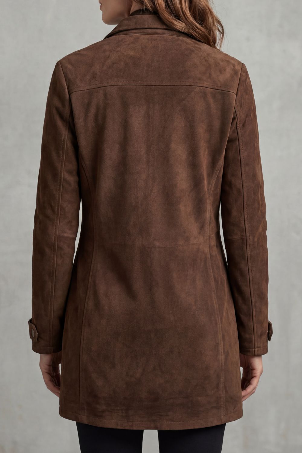 Women's Brown Suede Jacket with Flap Chest Pockets and Longline Cut