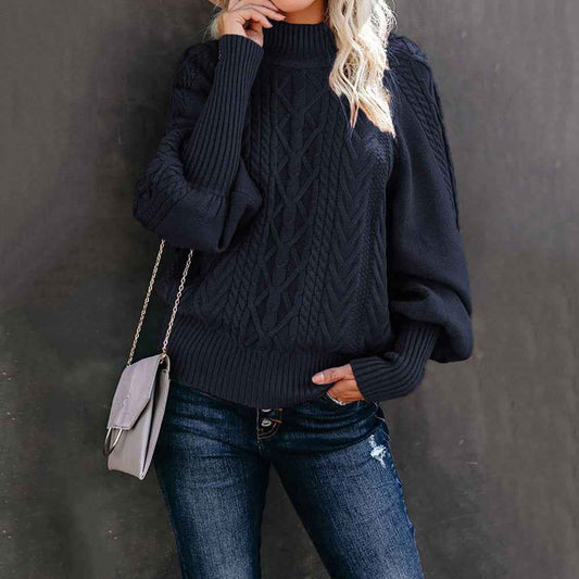 Women's Cable Knit High Neck Balloon Sleeve Sweater