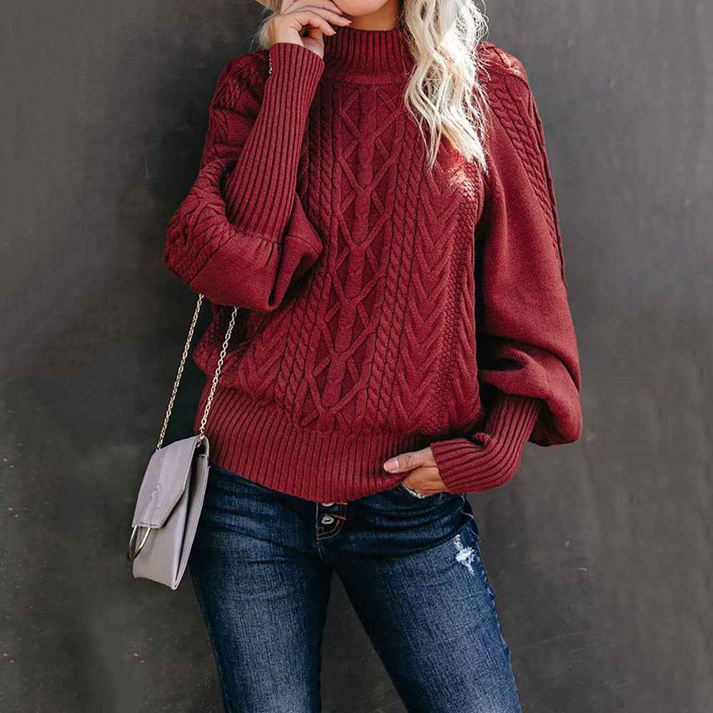 Women's Cable Knit High Neck Balloon Sleeve Sweater