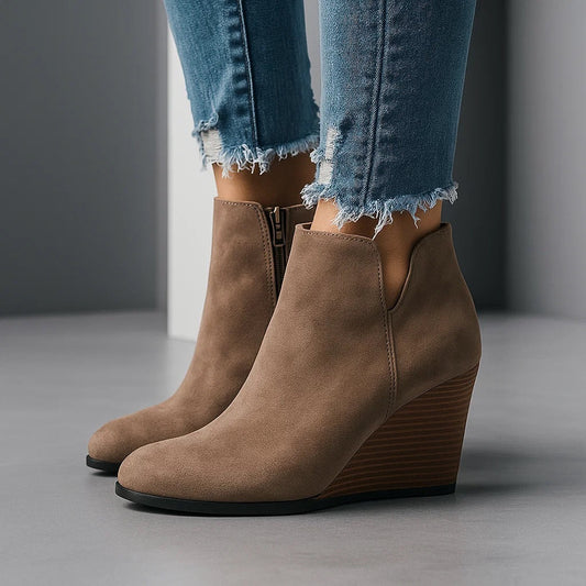 Women's Chic Suede Wedge Ankle Boots with Side Cut-Out