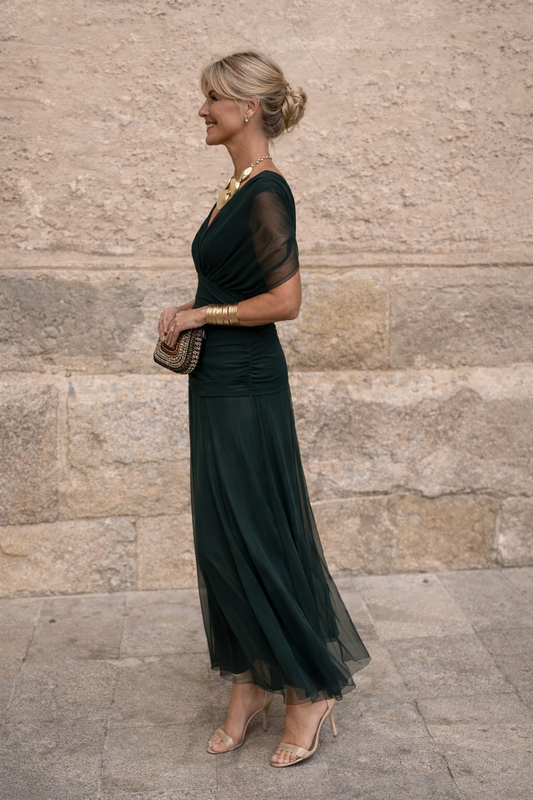 Women's Chiffon V-Neck Ruched Waist Maxi Dress