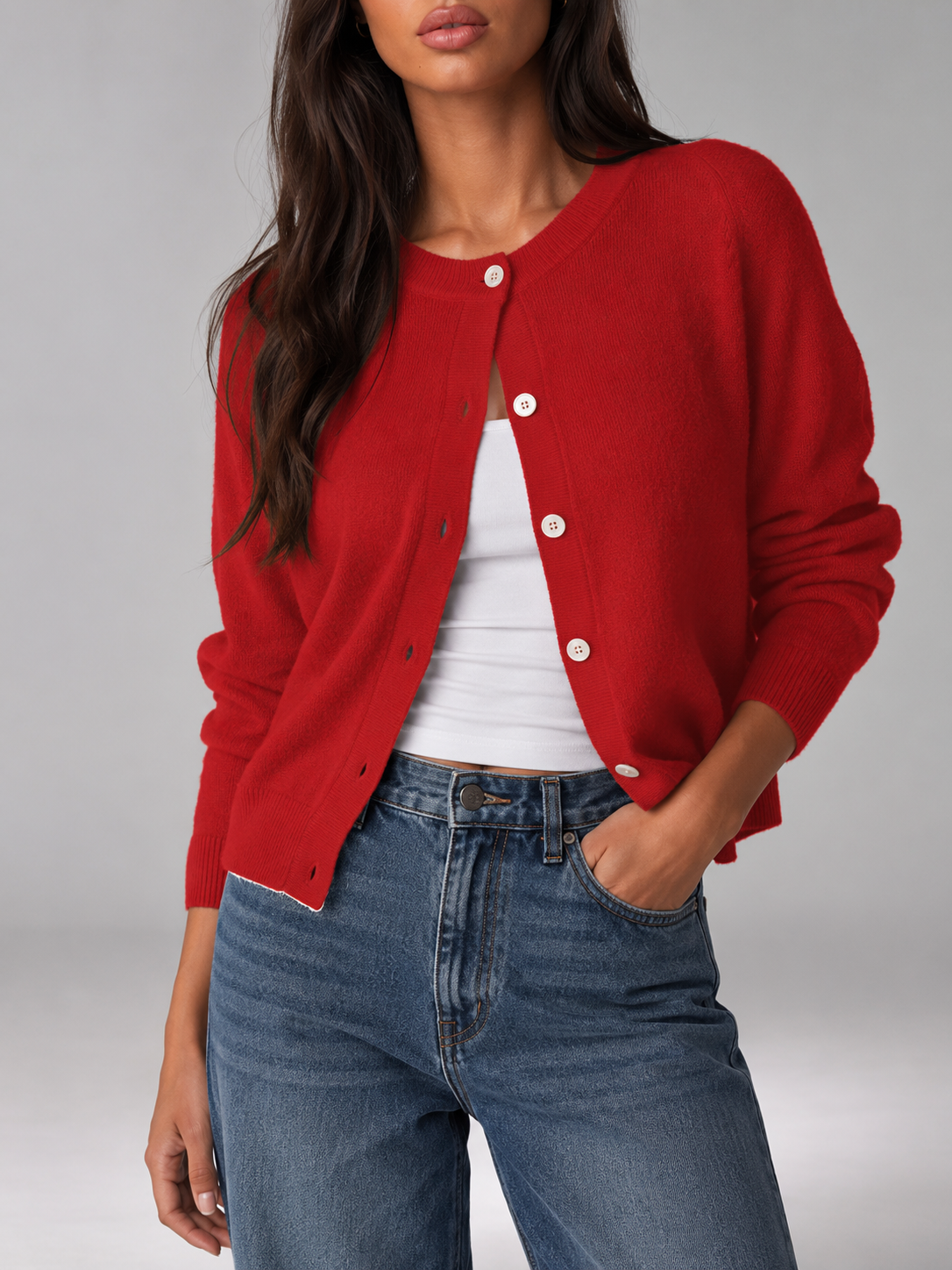 Women's Crewneck Button-Front Knit Cardigan