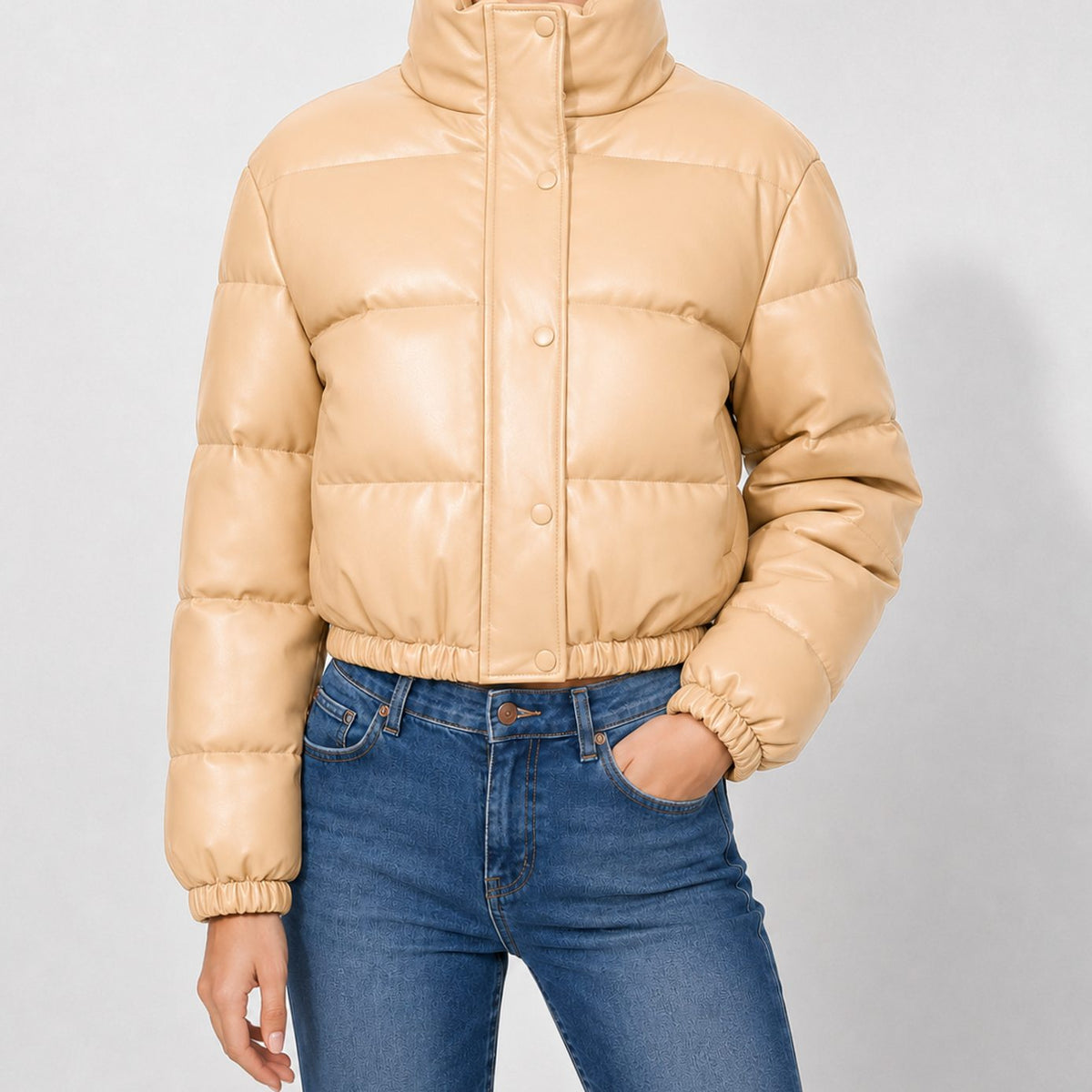 Women's Cropped Faux Leather Funnel-Neck Puffer Jacket