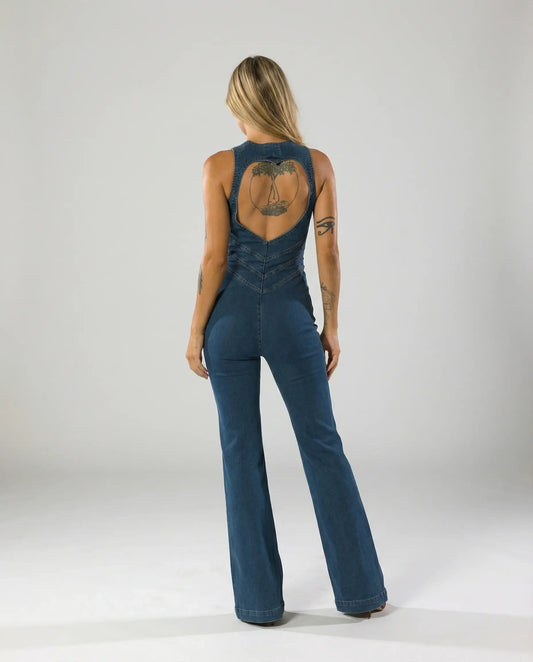 Denim flare jumpsuit for women by Ilynora, full body view highlighting sculpted waist and flared legs