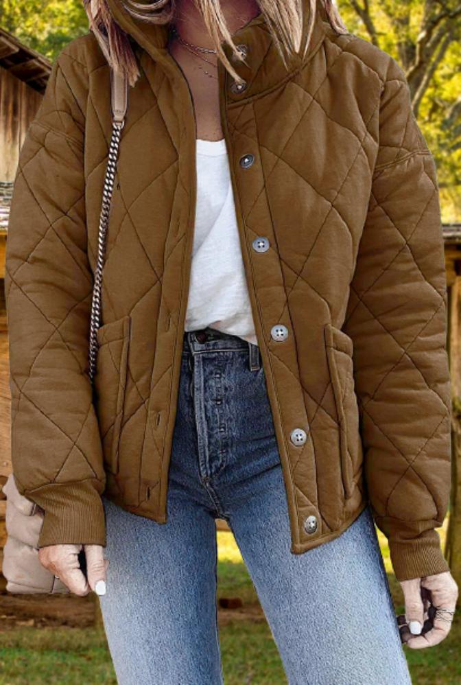 Women's Diamond Quilted Jacket with Button Front & Stand Collar