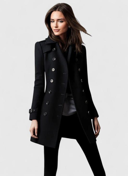 Women's Double Breasted Longline Winter Coat with Gold Buttons