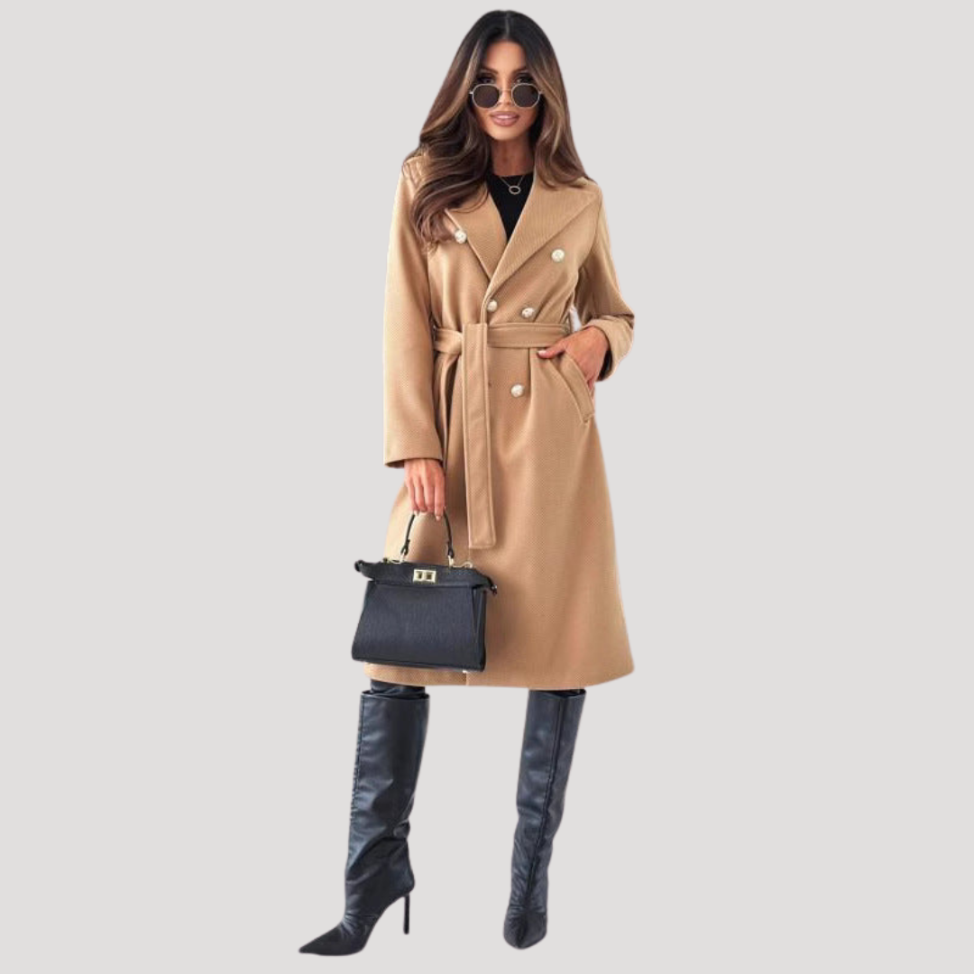 Women's Double Breasted Longline Winter Coat with Tie Belt