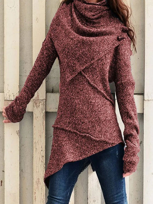 Women's Draped Collar Knit Jumper with Asymmetric Longline Hem
