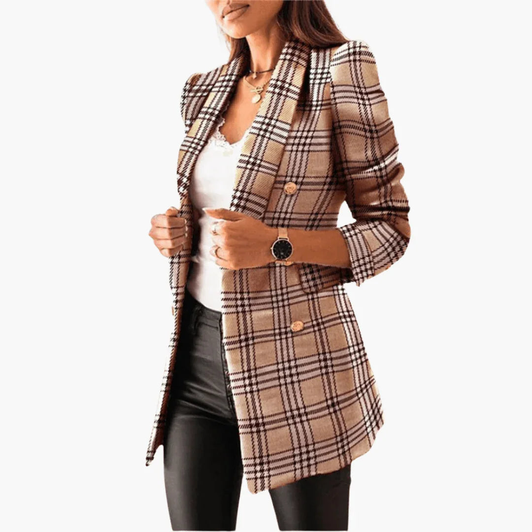 Women's Elegant Tweed Blazer with Gold Buttons and Flap Pockets