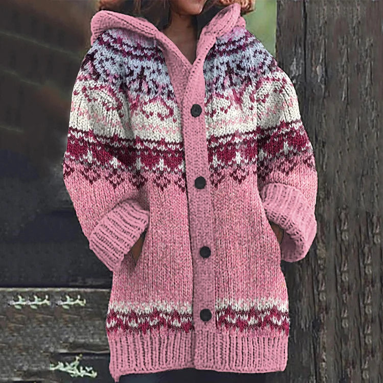 Women's Fair Isle Hooded Knit Cardigan with Button Front