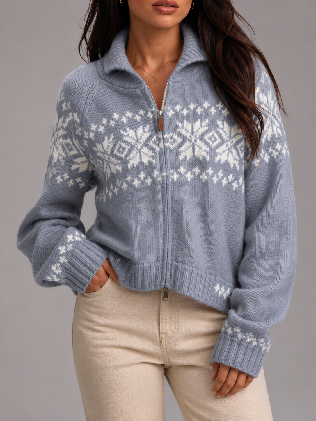 Women's Fair Isle Zip-Up Knit Cardigan
