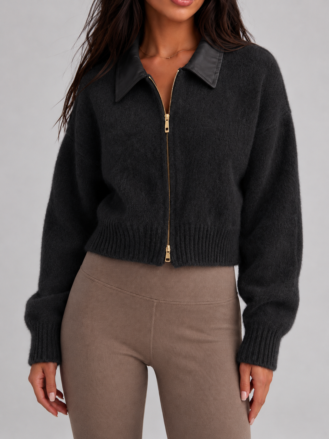 Women's Faux Leather Collar Fuzzy Knit Zip Cardigan