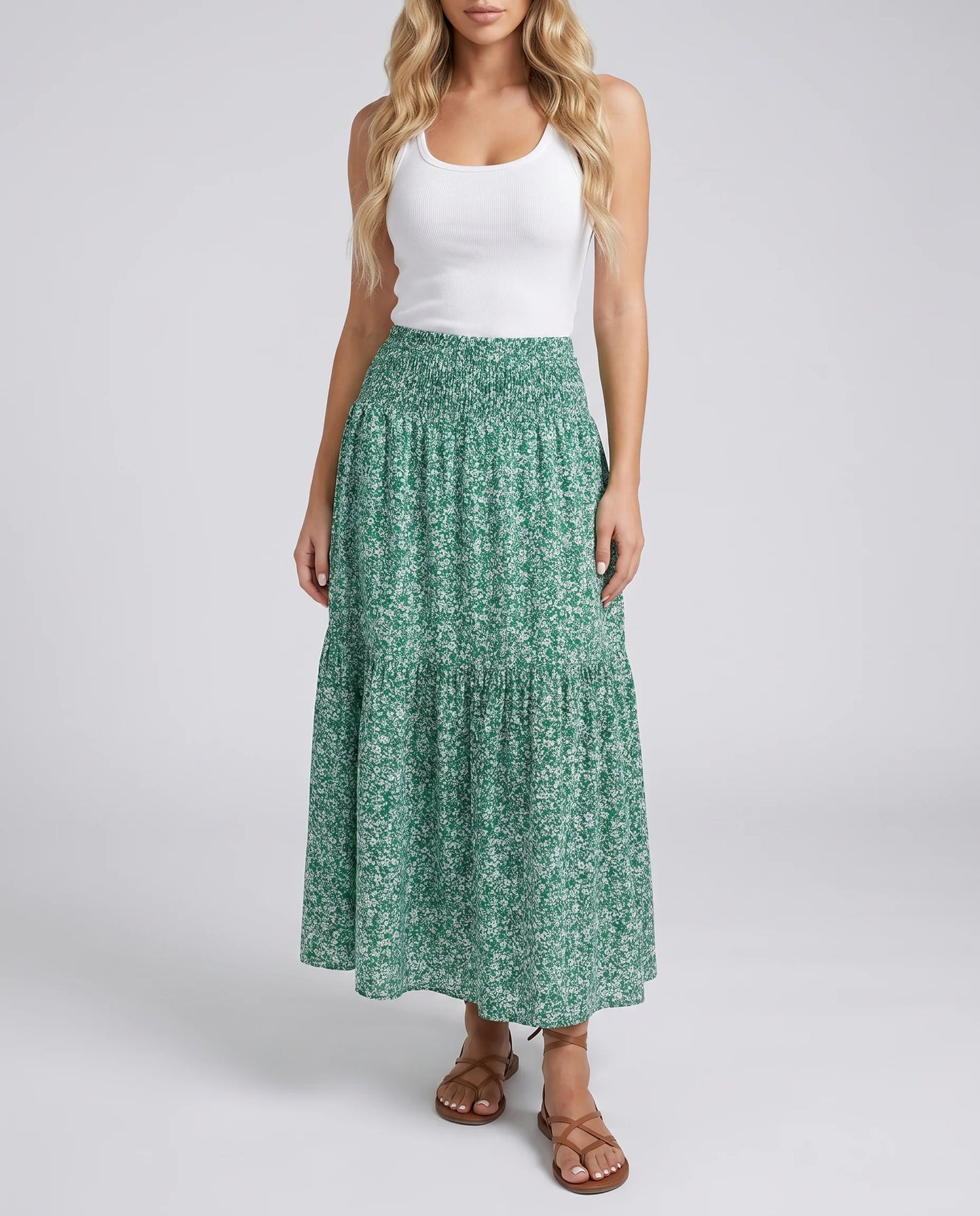 Women's green floral midi skirt with lightweight comfort and elegant everyday styling by ILYNORA
