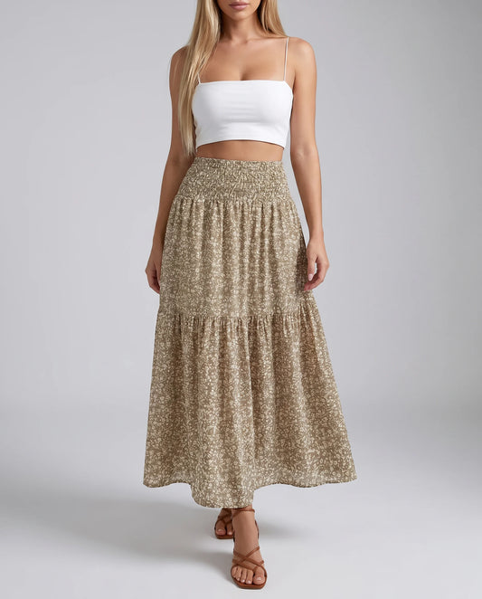 Women's khaki floral midi skirt with lightweight fabric and elegant high waist fit by ILYNORA