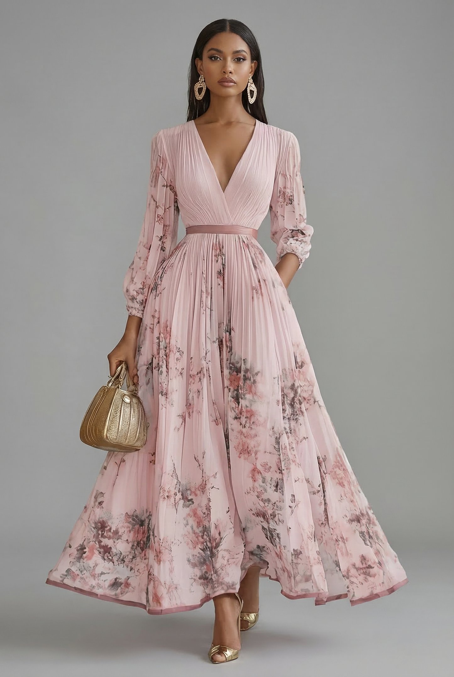 Women's Floral V Neck Long Sleeve Maxi Dress