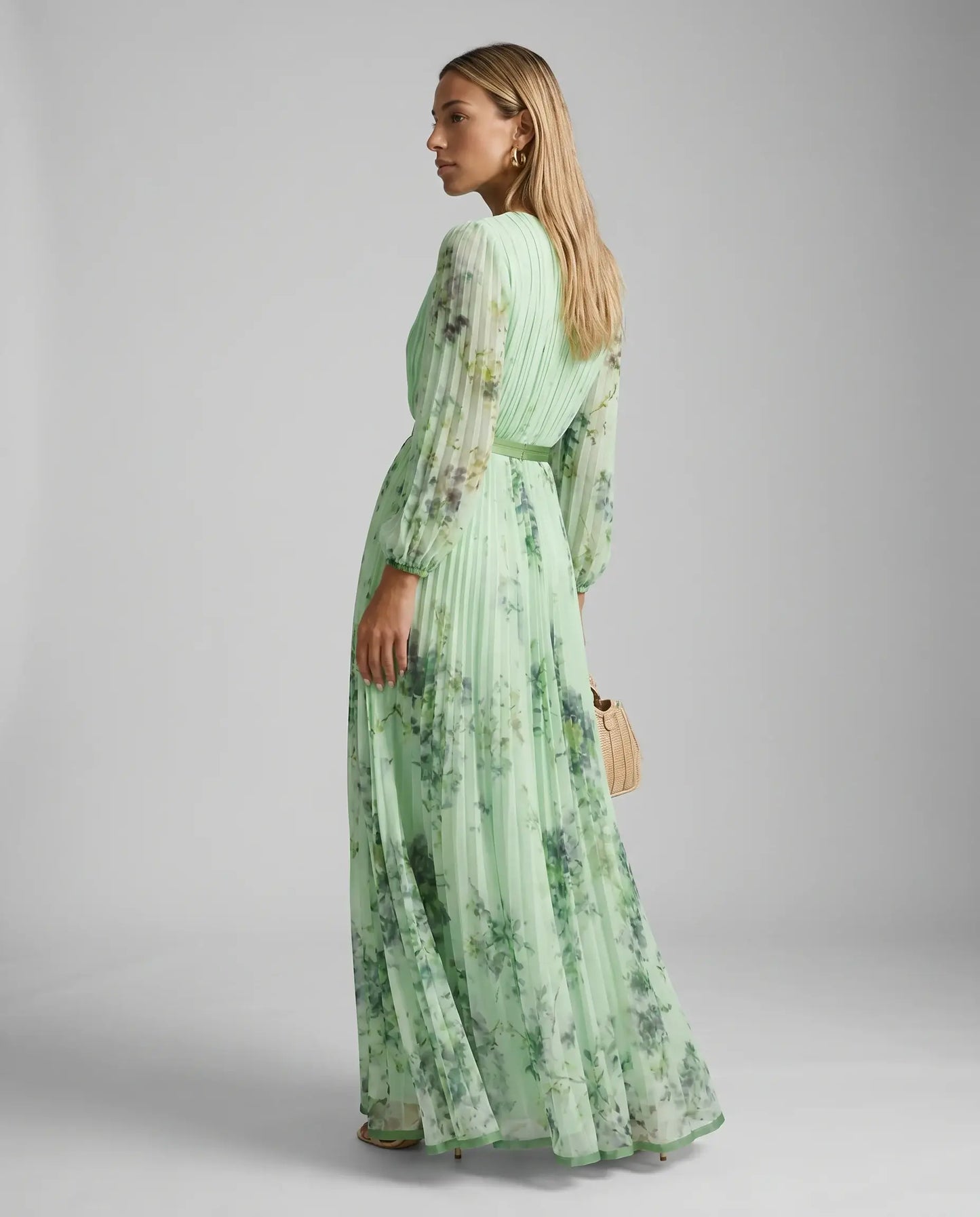 Women’s Floral V Neck Pleated Maxi Dress
